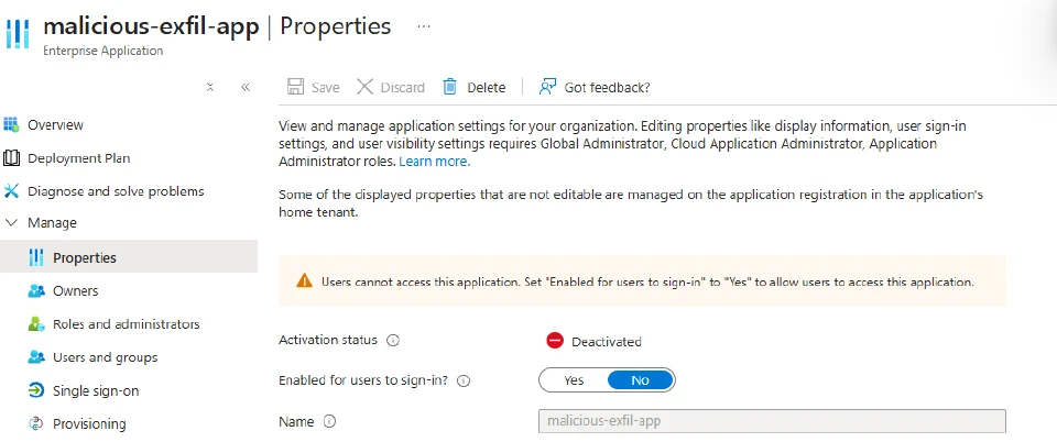 malicious-exfil-app Service Principal disabled in prod tenant