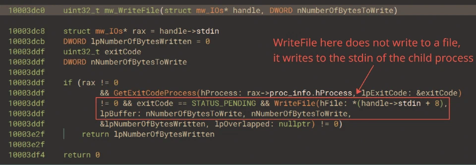 Writing commands to the child process through WriteFile
